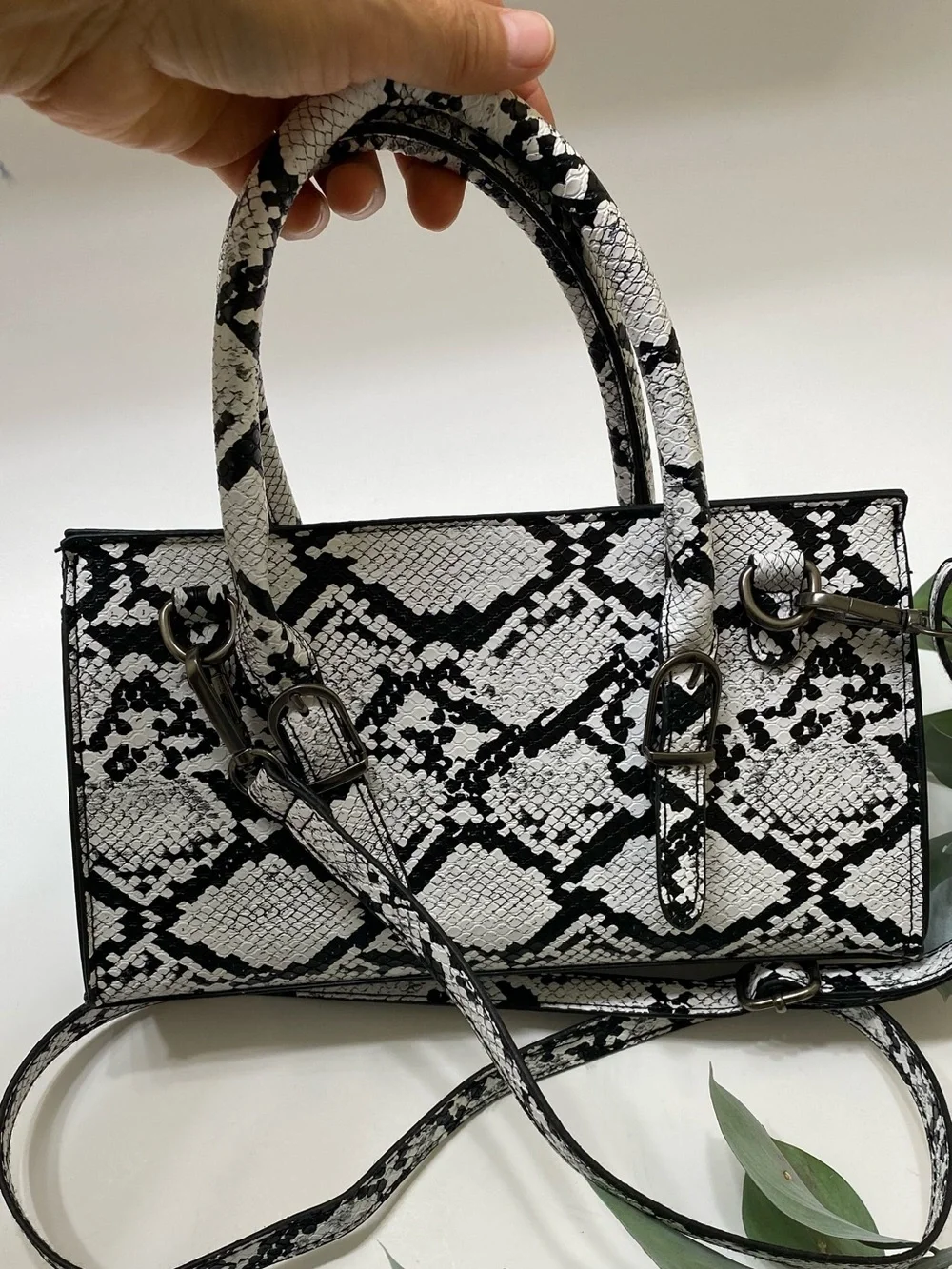 Ed Hardy Black & White Snake-Print Satchel with Charm Chain